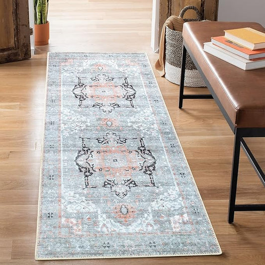 Bloom Rugs Washable Non-Slip 12 ft Runner - Gray/Coral Pink Traditional Runner for Entryway, Hallway, Bathroom, and Kitchen - Exact Size: 2.5' x 12'