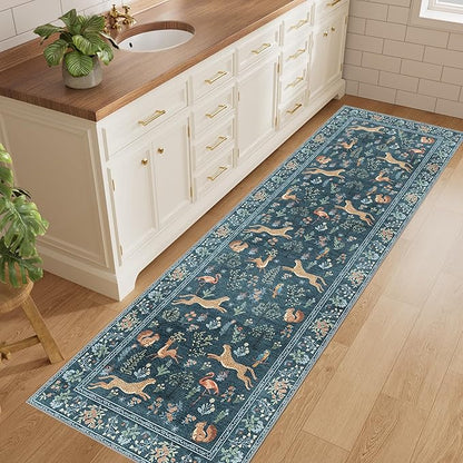 DUKINO 2.6x8 Rug for Hallway, Washable Kitchen Runner Rug with Non Slip Backing, Soft Low Pile Vintage Animal Runner for Bedroom, Kitchen, Hallway, Entryway, Laundry, Blue