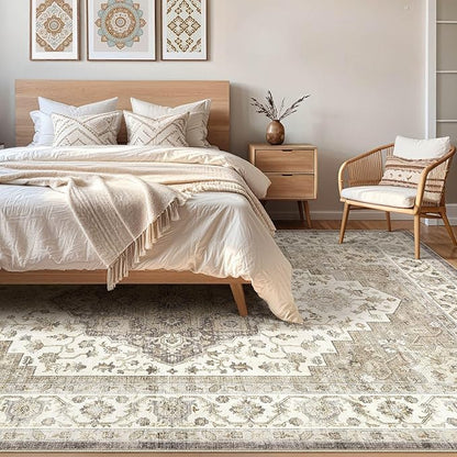 6x9 Area Rugs Living Room: Washable Boho Large Neutral Vintage Soft Rug Stain Resistant Farmhouse Non-Slip Indoor Floor Carpet for Bedroom Nursery Kids Playroom Office Dining Room Home- Brown Beige