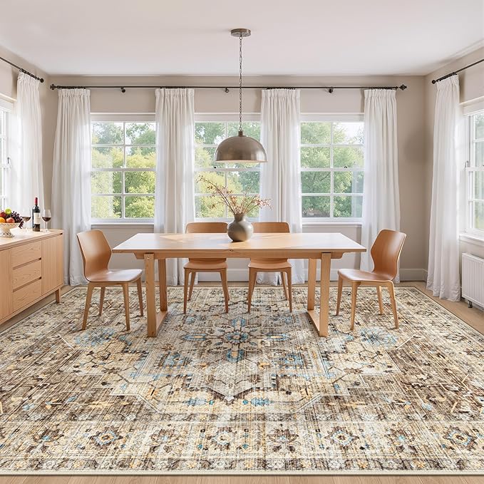 Area Rug 8x10 Vintage Rug: Large Washable Indoor Medallion Rugs Low Pile Distressed Floor Carpet Retro Accent Rug for Living Room Bedroom Kitchen Dining Table Home Office(Brown/Blue, 8'x10')
