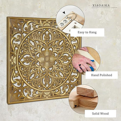 XIAOAIKA Boho Carved Wood Wall Sculpture, Intricate Floral Mandala Design with Distressed Gold Finish, Vintage Farmhouse Wall Art Panel with Solid Wood Frame for Bedroom Entryway (22" x 22")