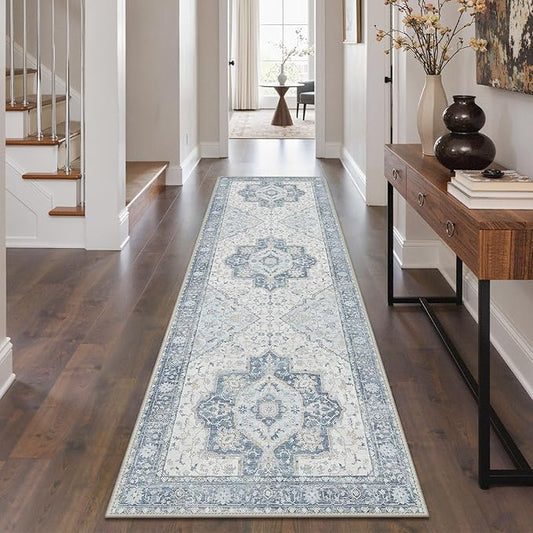 GENIMO Runner Rug 2'x5' Machine Washable Non Slip Vintage Hallway Runner Rug, Low Pile Lightweight Rugs for Indoor Entryway, Hallway, Kitchen and Corridor, Light Blue Beige