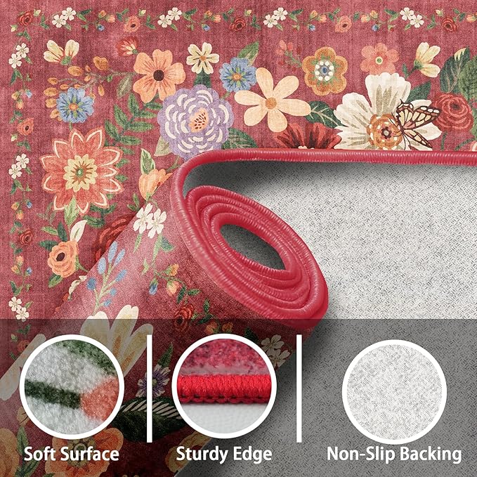 Rug for Hallways Kitchen Rug 2'6" x 14', Non Slip Washable Rugs with Rubber Backing Soft Floral Carpet Runner for Hallways, Kitchen, Laundry, Bedroom, Bathroom, Red Garden