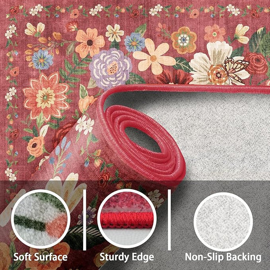 Living Room Rugs, Area Rugs 5x7 Rug for Bedroom Ultra-Thin Soft, Non-Slip Washable Rugs Stain Resistant Boho Rug Low-Pile Throw Rug for Dining Room Office (5 x 7, Red Garden)