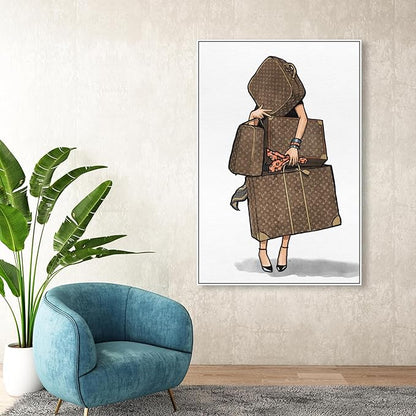 The Oliver Gal Artist Co. Fashion and Glam Modern Canvas Art - Bags, Bags, Bags- Orange, Wall Art for Living Room, Bedroom, and Bathroom, 36 in x 54, White and Brown Home Decor