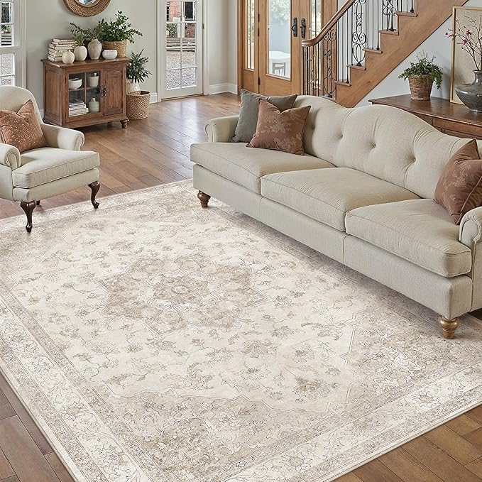 PureCozy Beige Area Rug 5x8 Washable Living Room Carpet Vintage Non Slip Soft Bedroom Indoor Office Retro Low Pile Thin Oriental Medallion Large Rug for Dining Room Bathroom Kitchen