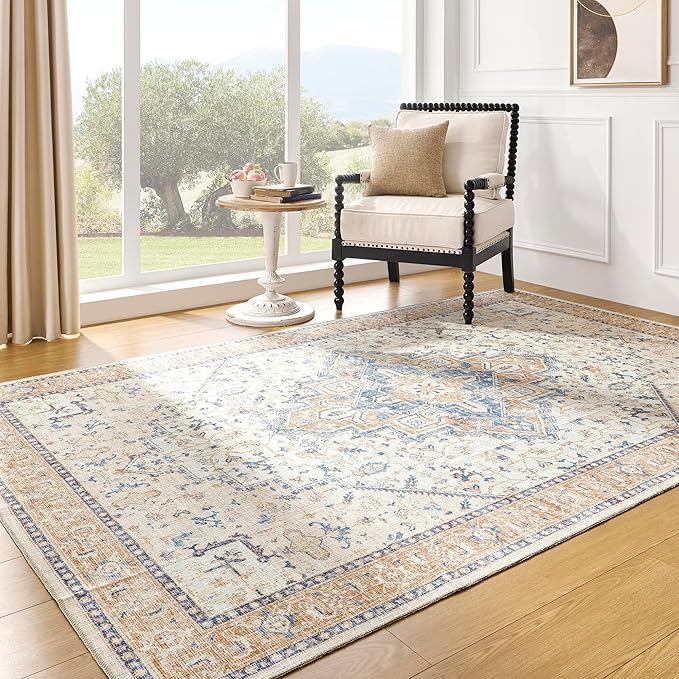 BILEEHOME Orange and Blue Coloful Rug for Living Room,Machine Washable Bright Colored Multi Color Area Rugs 5x7