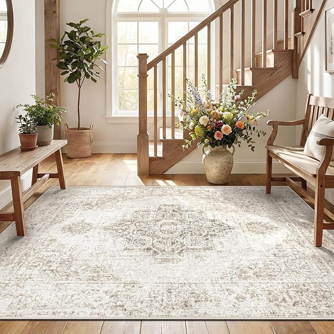 6x9 Area Rugs for Living Room, Washable Vintage Boho Neutral Medallion Rug Non Slip Low Pile Floor Carpet for Bedroom Nursery Dining Room (Beige, 6'x9')