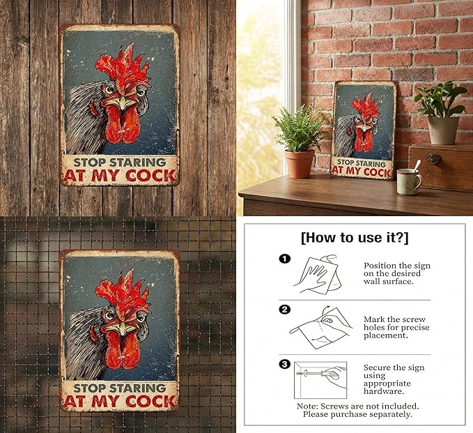 Funny Chicken Metal Signs Stop Staring My Cock Funny Rooster Tin Signs Fun Rooster Tin Signs Decor Rustic Farmhouse Sign for Farm Chicken Coop Farmhouse Kitchen Yard Fence