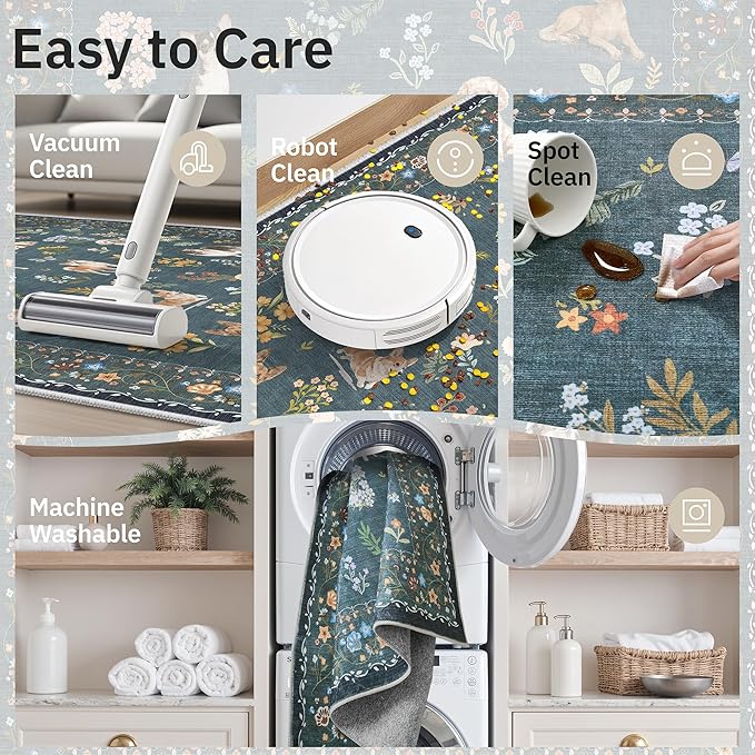 Soalmost Dog 5x7 Area Rugs for Living Room, Machine Washable Animal Floral Vintage Rug Non-Slip Low Pile Soft Throw Rugs for Kitchen Dining Room Bedroom Nursery Playroom (5 x 7,Navy Blue)
