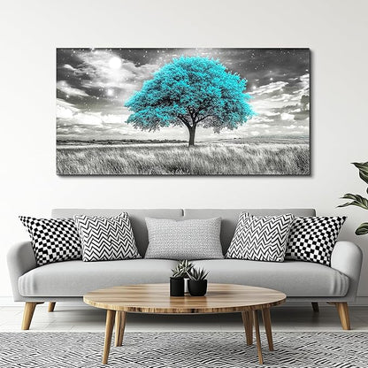 KELIYUAN Blue Tree Wall Artist Decorated Painting Full Of Stars Black And White Oil Painting Modern Print Canvas Aesthetics Living Room Decoration Bedroom Bathroom Office Wall Decoration 24 X 48 In