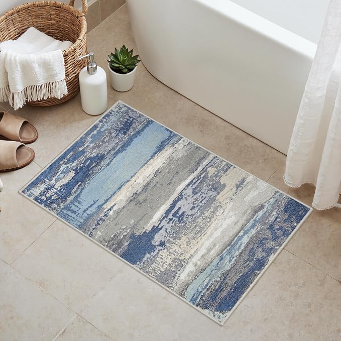 GENIMO 2X3 Washable Modern Doormat, Non-Slip Low Pile Chenille Area Rug, Small Entry Mat for Entrance Hallway Kitchen Bathroom, Indigo Drift