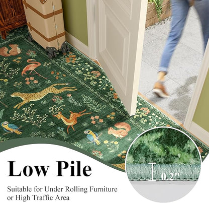 DUKINO 3x10 Washable Runner Rug for Hallway, Lightweight Loog Kitchen Rug with Low Pile Design, Vintage Animal Non Shedding Thin Indoor Carpet for Entryway, Bathroom, Bedroom, Laundry Room, Green