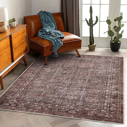 CHAMPLANT Washable Area Rug 4'x6' Traditional Floor Cover Foldable Thin Rugs Retro Kitchen Indoor Distressed Non Slip Carpet Floral Print Mat Bedroom Living Room