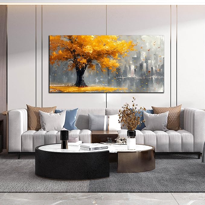 Large Yellow Tree Canvas Wall Art for Living Room Yellow and Grey Tree of Life Wall Art for Bedroom Office Modern Framed Canvas Prints Size 29x59