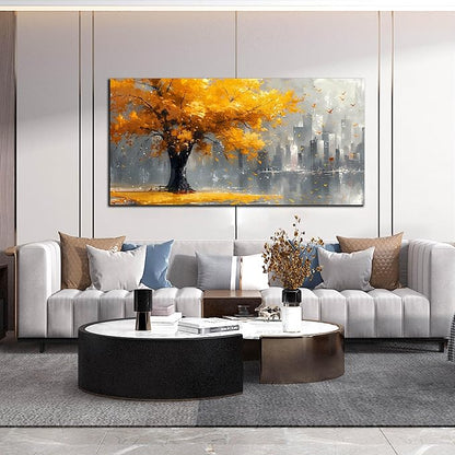 Large Yellow Tree Canvas Wall Art for Living Room Yellow and Grey Tree of Life Wall Art for Bedroom Office Modern Framed Canvas Prints Size 29x59