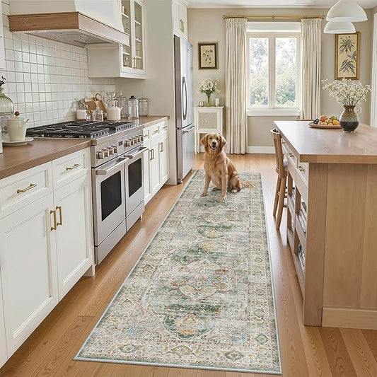 Madane Runner Rug 2x8, Washable Hallway Runner Rugs, Non-Slip Low-Pile Soft Kitchen Rug Runner Laundry Room Rug, Vintage Throw Entry Foyer Mat for Entrance Living Room (Green, 2 x 8)