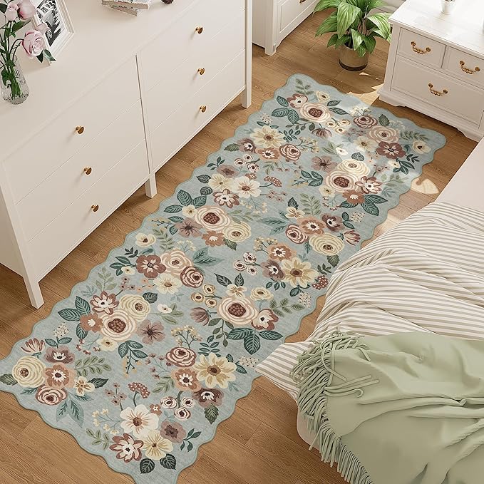 DUKINO 2.6x8 Runner Rug for Hallway, Washable Kitchen Rug with Non Slip Backing & Non-Shediing, Soft Low Pile Floral Design Runner for Bedroom, Kithchen, Living Room, Laundry, Bathroom, Sage Green