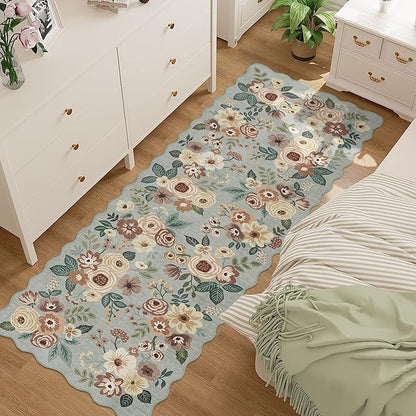 DUKINO 2.6x8 Runner Rug for Hallway, Washable Kitchen Rug with Non Slip Backing & Non-Shediing, Soft Low Pile Floral Design Runner for Bedroom, Kithchen, Living Room, Laundry, Bathroom, Sage Green