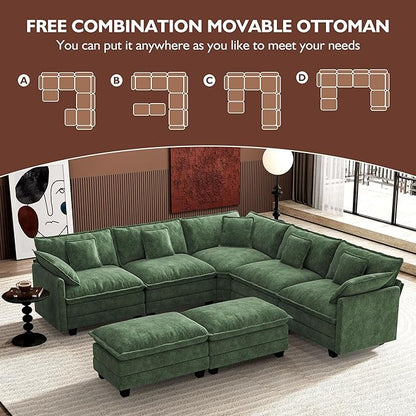 Ihanherry 114" V-Shaped Modern Sofa Modular Sectional Cloud Couch with 2 Ottoman, 7-Seat Chenille Deep Seat Sofa with Corner Section for Living Room, Bedroom and Apartment, Green