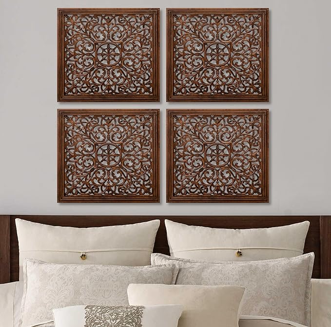 The Wooden Town Kashmiri Wall Decor – Set of 4 (16x16 Inch) | Handcrafted Wooden Wall Panels & Hanging Plaques for Living Room, Home & Office | Burnt Finish Decorative Art for Walls