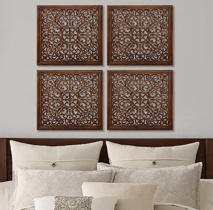The Wooden Town Kashmiri Wall Decor – Set of 4 (16x16 Inch) | Handcrafted Wooden Wall Panels & Hanging Plaques for Living Room, Home & Office | Burnt Finish Decorative Art for Walls