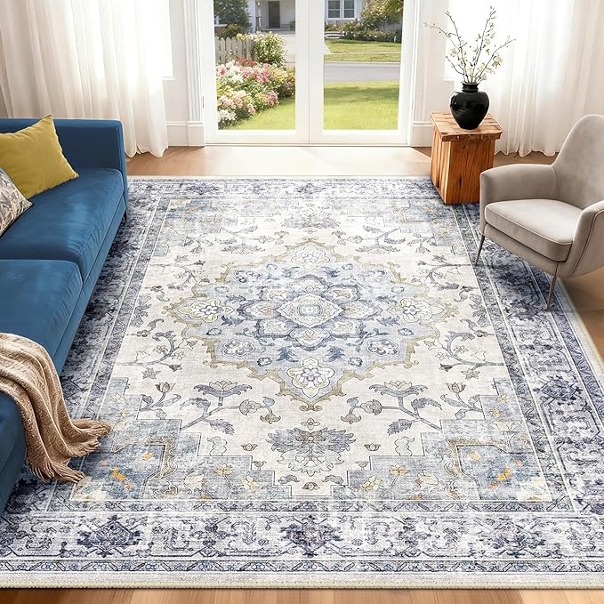 CAPALOCA Machine Washable Rugs Nursery Rug 5x8 Cute Girl Non Slip Low Pile Water Repellent Soft Print Pattern for Bedroom Indoor Decor Kids Playroom Blue White