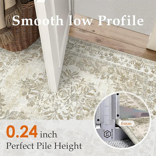 PureCozy 6x9 Area Rug Beige Washable Vintage Distressed Living Room Carpet Large Bedroom Indoor Medallion Floral Non Slip Retro Throw Floor Mat for Office Dining Room Kitchen Bathroom