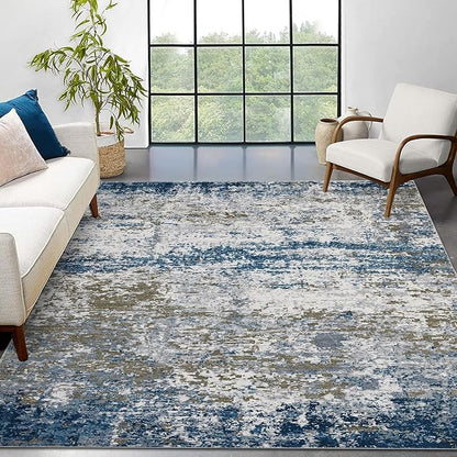 ROYHOME 9x12 Modern Abstract Accent Rug Non Slip Stain Resistant Throw Rug Low Pile Washable Indoor Floor Cover for Living Room Bedroom Office Home Decor, Navy
