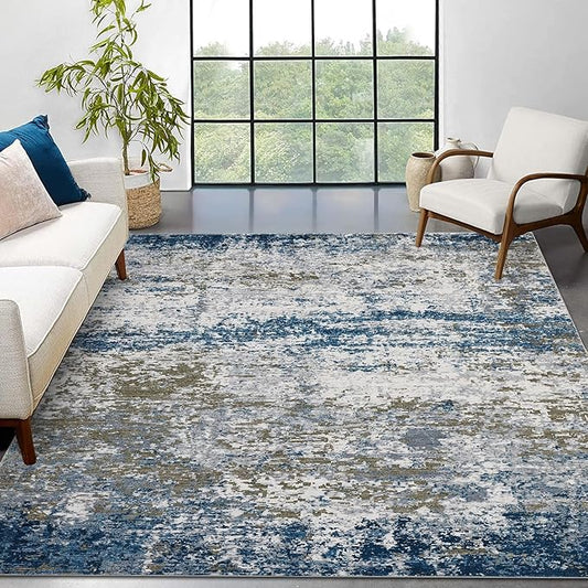 ROYHOME 8x10 Modern Abstract Rug Faux Wool Accent Ultra Soft Rug Non Slip Non Shedding Large Washable Rug for Living Room Bedroom Dining Room Office Home, Navy