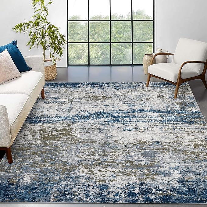 ROYHOME 10x13 Modern Abstract Area Rug Faux Wool Low Pile Ultra Soft Stain Resistant Accent Washable Non Slip Non Shedding Throw Rug for Living Room Bedroom Home Decor, Navy