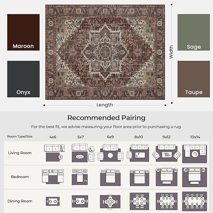 Kokia 8x10 Maroon Moody Area Rugs with Vintage Orient Design, Soft Washable Rug for Living Room or Bedroom, Non-Slip Low Pile Stain Resistance Features, Medallion Pattern