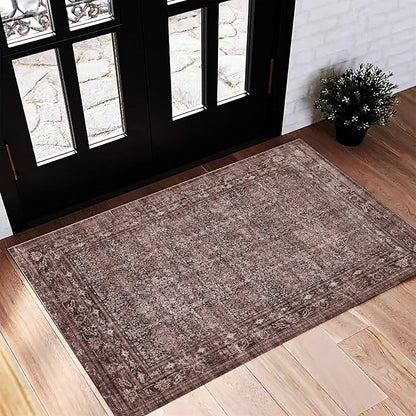 CHAMPLANT Washable Area Rug 2'x3' Door Mat Vintage Distressed Doormat Indoor Entrance Traditional Thin Rug Floral Print Non Slip Carpet for Kitchen Bathroom Bedroom Living Room