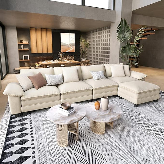 SUNSHINE VALLEY L Shaped Modular Cloud Couch, 157.5'' Oversized Chenille Sectional Sofa with Wider Armrest and Ottoman, Upholstered 5-Seat Modern Deep Seat for Bedroom Living Room, Beige