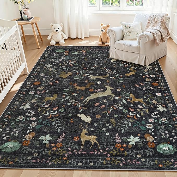 5x7 Area Rugs Washable Rug: Lagre Boho Living Room Rug Soft Non-Slip Thin Carpet Indoor Floor Non-Shedding Neutral Floral Carpets for Bedroom Dining Room Farmhouse Nursery Black