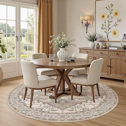 6ft Round Rug for Living Room: 6x6 Washable Vintage Brown Area Rug, Large Non Slip Soft Stain Resistant Indoor Floor Carpet for Bedroom Dining Decor Home Office Kid & Pet Friendly