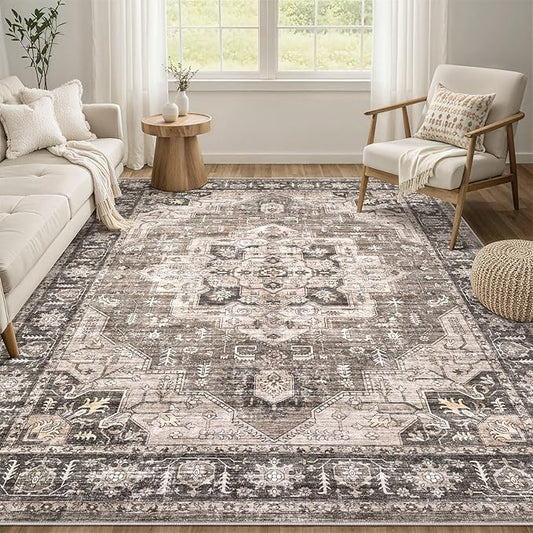 Area Rug 6x9 Washable Vintage - Soft Traditional Rugs for Living Room Large Non Slip Backing with Low Pile Farmhouse Oriental Retro Carpet for Bedroom Dining Room or Home Office - Dark Brown