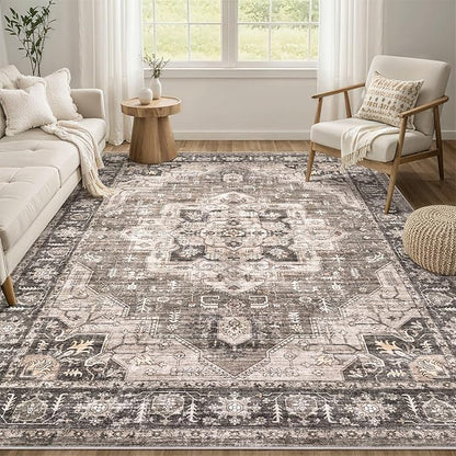 Area Rug 5x8 Washable Vintage - Soft Traditional Rugs for Living Room Large Non Slip Backing with Low Pile Farmhouse Oriental Retro Carpet for Bedroom Dining Room or Home Office - Dark Brown
