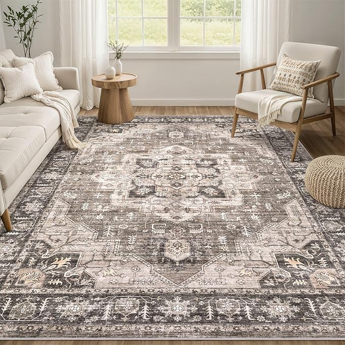 Area Rug 5x7 Washable Vintage - Soft Traditional Rugs for Living Room Large Non Slip Backing with Low Pile Farmhouse Oriental Retro Carpet for Bedroom Dining Room or Home Office - Dark Brown