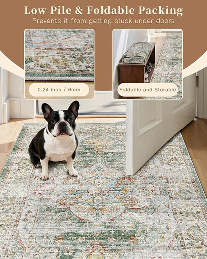 Madane Washable Runner Rug - 2x6 Rug Runners for Hallways 6 Feet Non Slip Vintage Kitchen Runner Rug Ultra-Thin Bathroom Runner Rugs Carpet Laundry Room Bedroom (2x6ft, Green)