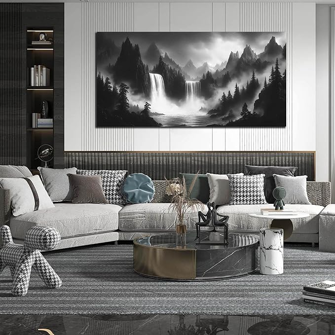 CIRABKY Waterfall Living Room Pictures Wall Decor - Black and White Mountain Wall Art for Bedroom - Large Canvas Wall Art for Office Size 29" x 59"