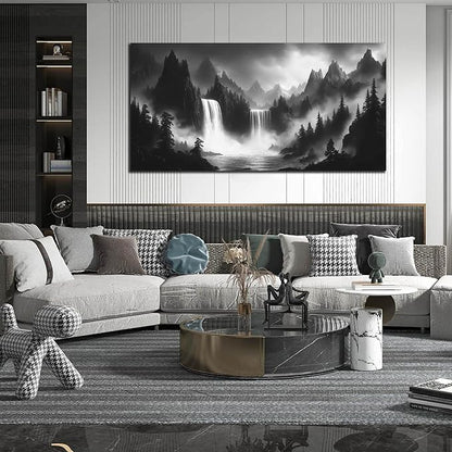CIRABKY Waterfall Living Room Pictures Wall Decor - Black and White Mountain Wall Art for Bedroom - Large Canvas Wall Art for Office Size 29" x 59"