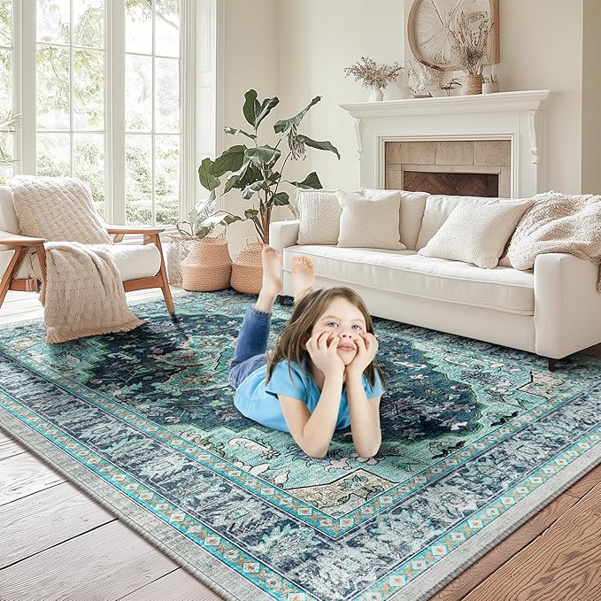 BESTSWEETIE 8x10 Area Rug Washable Rugs for Living Room, No Pile Boho Carpet for Entryway Bedroom Dinning Room, Vintage Carpet Print Distressed Non-Slip, 8 x 10 ft, Teal Dark Green