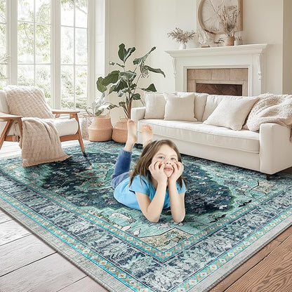 BESTSWEETIE 8x10 Area Rug Washable Rugs for Living Room, No Pile Boho Carpet for Entryway Bedroom Dinning Room, Vintage Carpet Print Distressed Non-Slip, 8 x 10 ft, Teal Dark Green