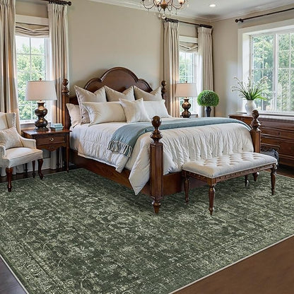 Washable Area Rug 9x12 Green Rugs for Living Room, Vintage Boho Large Rug for Bedroom Dining Room Office, Distressed Floral Print Carpet for Under Table, Soft Non Slip Low Pile Throw Carpet Indoor Mat