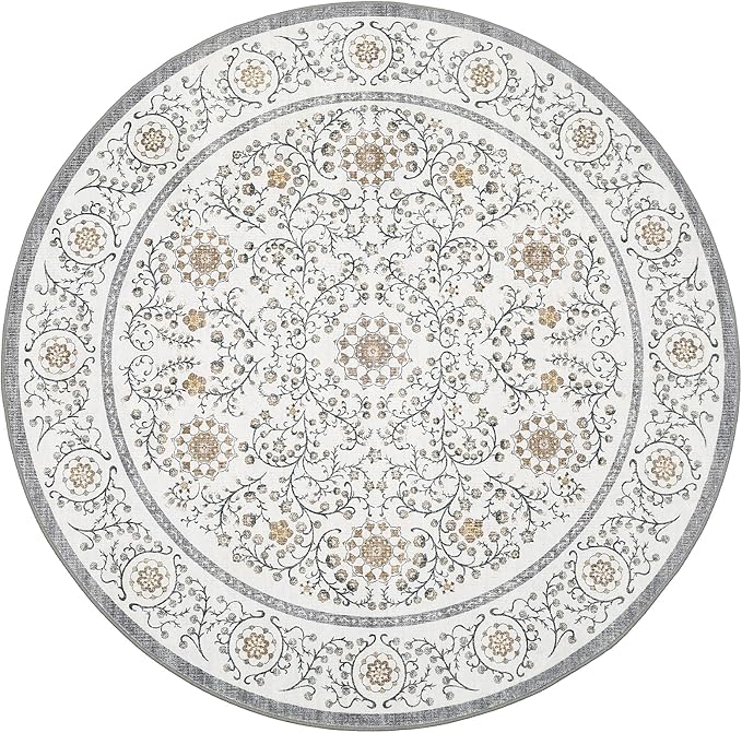 GarveeHome Boho Round Rug 4ft for Bedroom Non Slip, Vintage Botanical Circle Rugs Washable Area Rug for Kitchen Stain Resistant, Low Pile Soft Grey Circular Carpet for Nursery Entryway