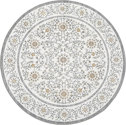 GarveeHome Boho Round Rug 4ft for Bedroom Non Slip, Vintage Botanical Circle Rugs Washable Area Rug for Kitchen Stain Resistant, Low Pile Soft Grey Circular Carpet for Nursery Entryway