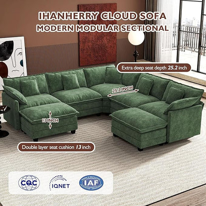Ihanherry 114" V-Shaped Modern Sofa Modular Sectional Cloud Couch with 2 Ottoman, 7-Seat Chenille Deep Seat Sofa with Corner Section for Living Room, Bedroom and Apartment, Green