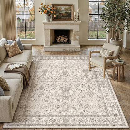 PureCozy 8x10 Area Rug Beige Washable Vintage Carpet Living Room Bedroom Large Non Slip Stain Soft Resistant Low Pile Thin Boho Accent Indoor Throw Rug for Dining Room Office