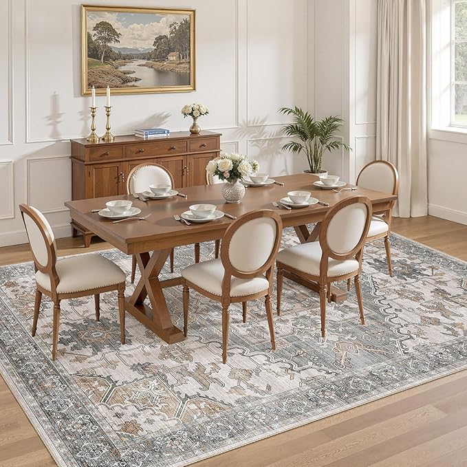 10x12 Washable Area Rugs for Living Room: Non Slip Vintage Gray Brown Rug, Large Soft Stain Resistant Indoor Floor Carpets for Bedroom Dining Room Nursery Home Office Kid & Pet Friendly